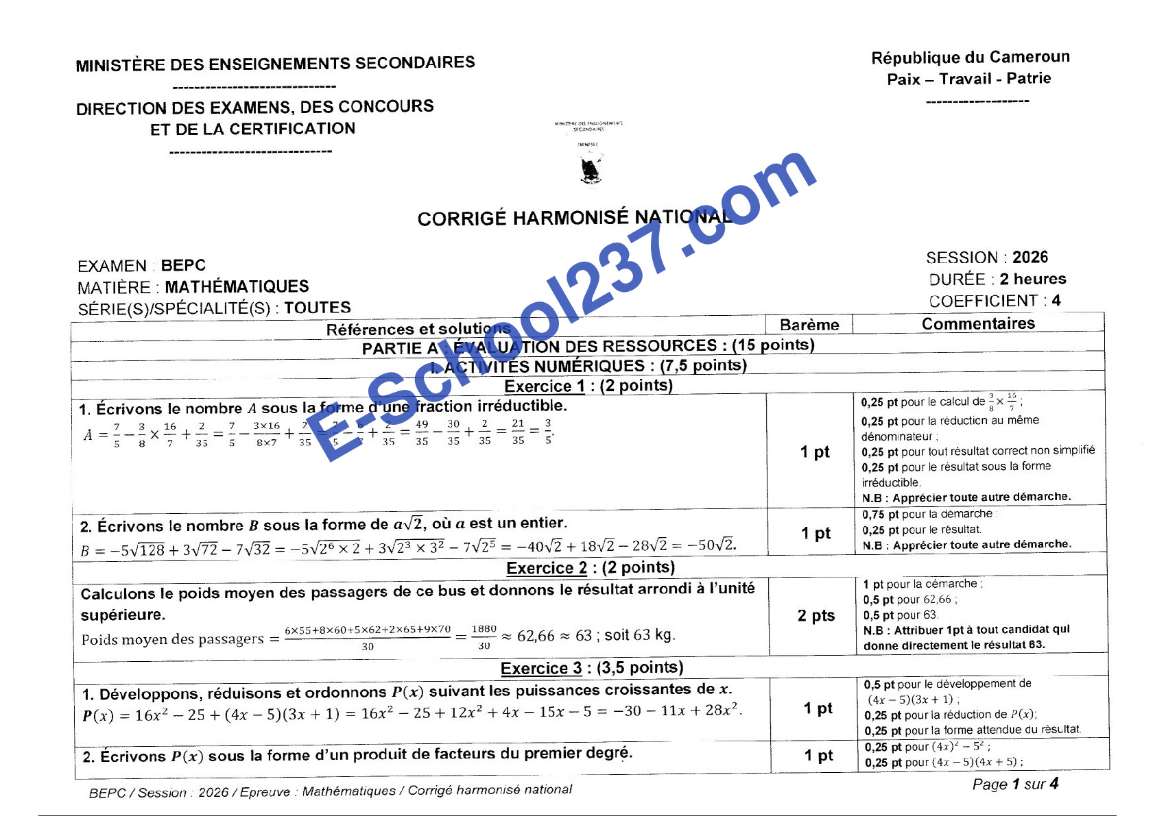 Corrigé Harmonisé National Maths BEPC 2026